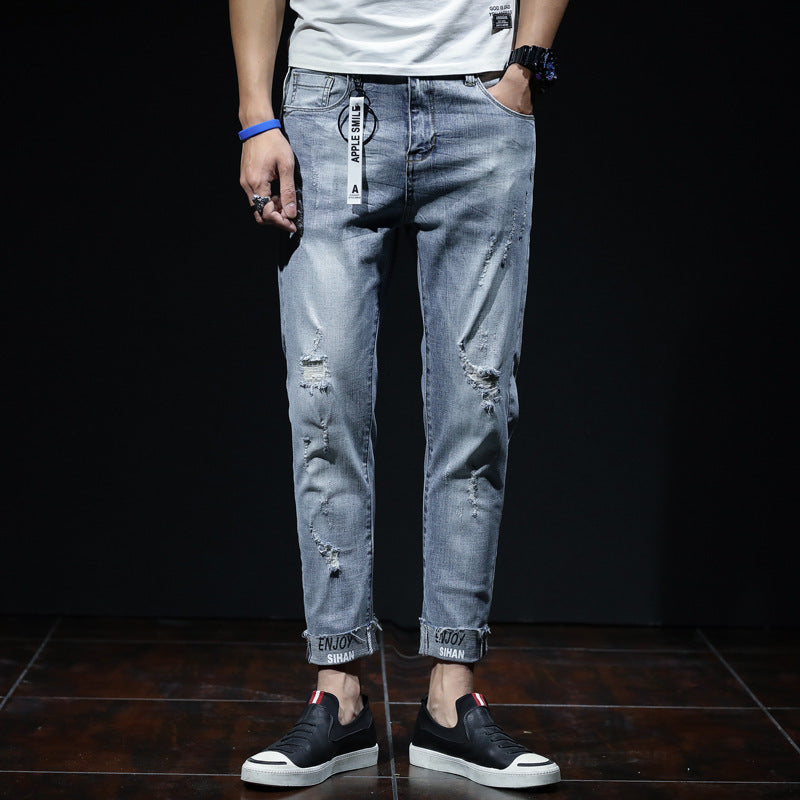 Spring And Summer Ripped Jeans Elastic Small Leg Straight Leg Pants Youth