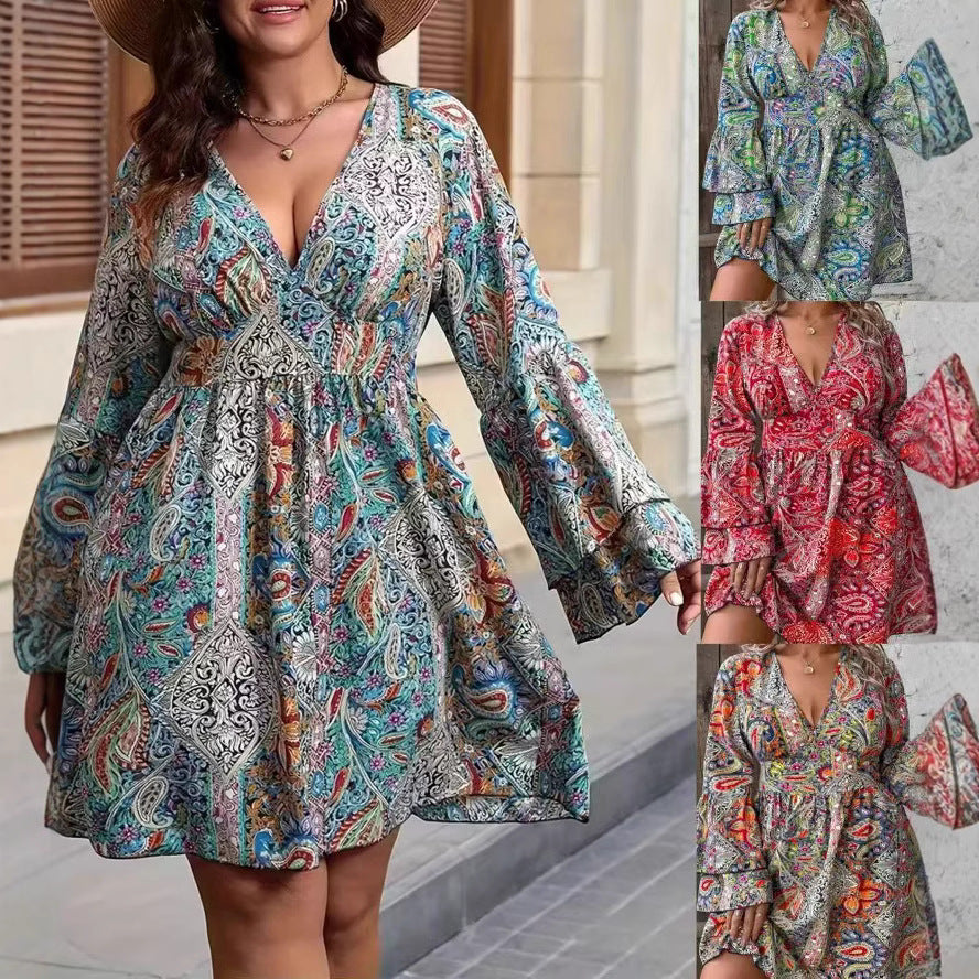 Fashion Printed V-neck Plus Size Plump Girls Bell Sleeve Dress