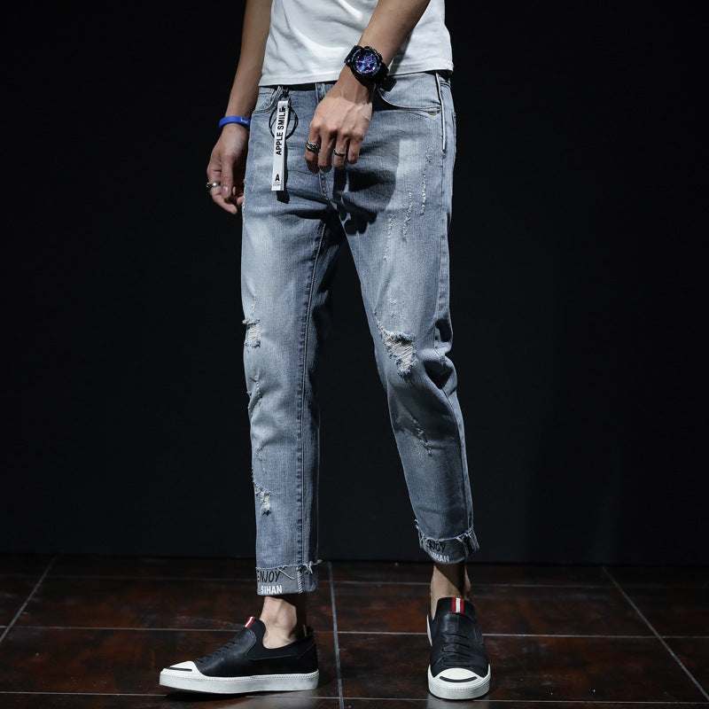 Spring And Summer Ripped Jeans Elastic Small Leg Straight Leg Pants Youth