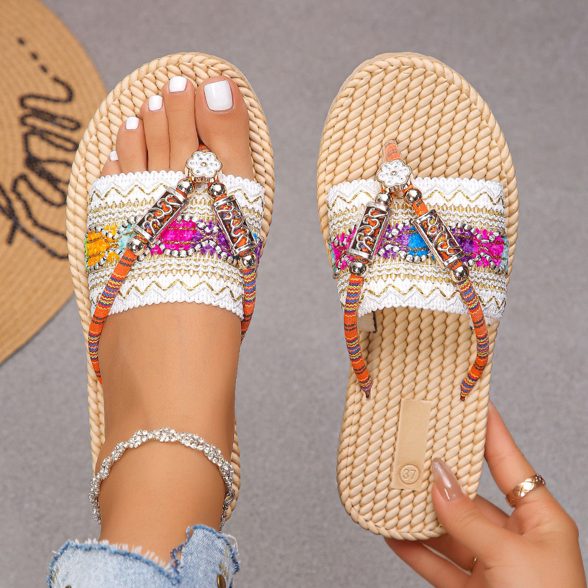 Bohemian Flat Plus Size Flip Flops Ethnic Style