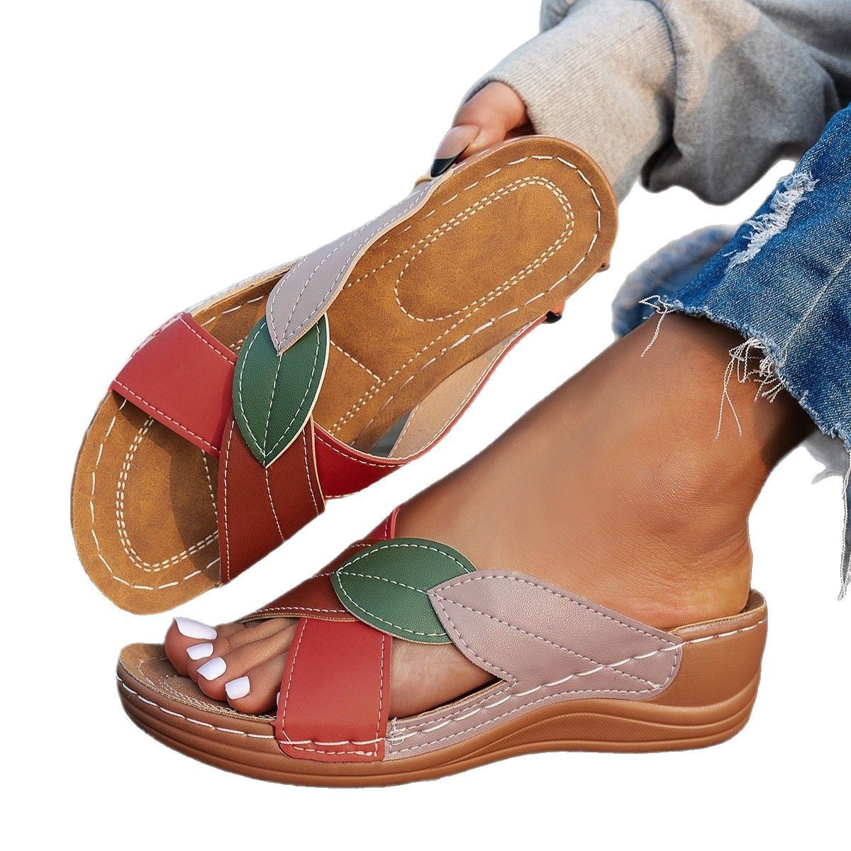 Women's Thick-soled Shoes Cross-strap Color Matching Slippers For Women
