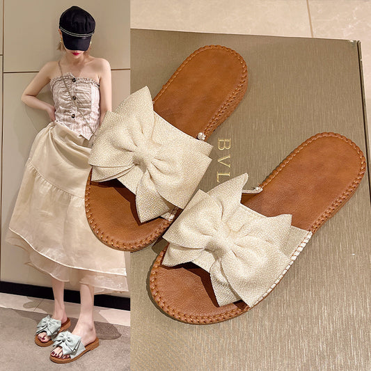 Women's Slip-on Cloth Sandals Summer Soft Bottom Flat Heel Bow