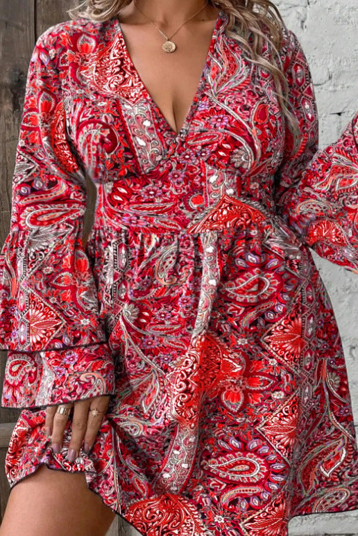 Fashion Printed V-neck Plus Size Plump Girls Bell Sleeve Dress