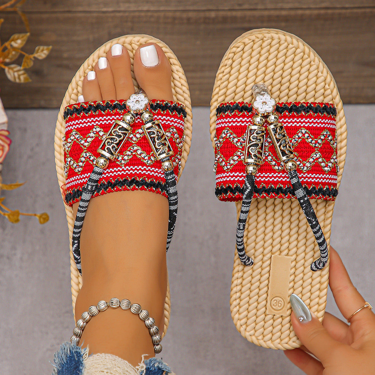 Bohemian Flat Plus Size Flip Flops Ethnic Style