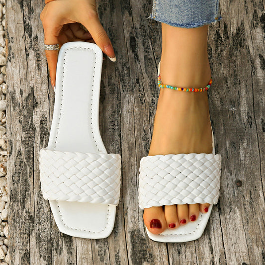 One-word Internet Celebrity Square Toe Flat Heel Women's Slippers